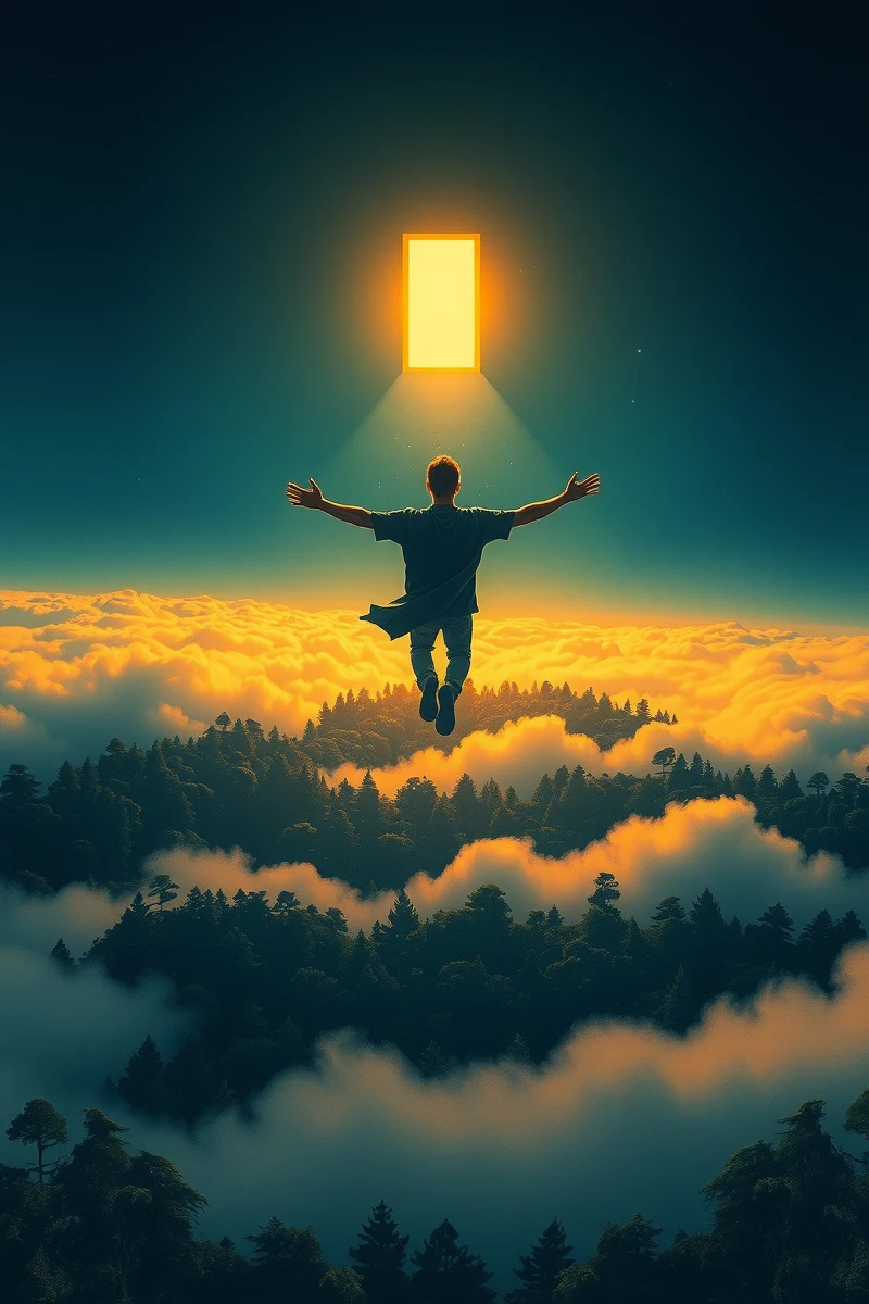 Flying Above a Forest Toward a Door in the Sky