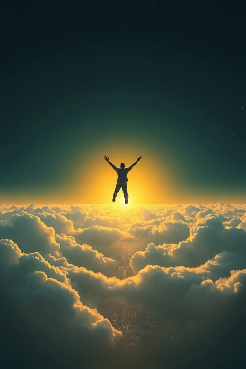 Flying Over a City Toward a Door in the Sky