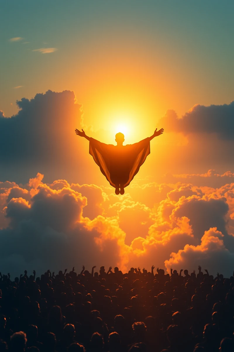 Flying Through Clouds Above a Crowd