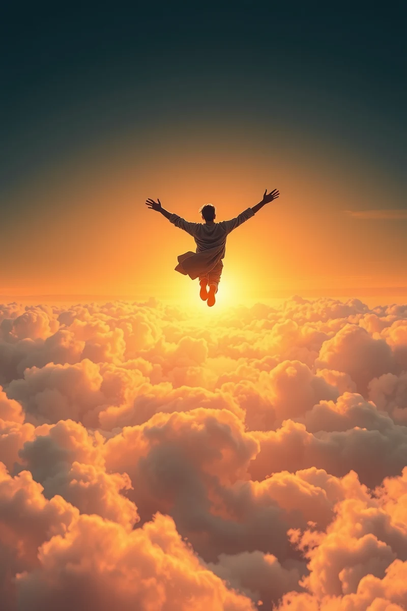 Flying Through Clouds Toward a Door in the Sky