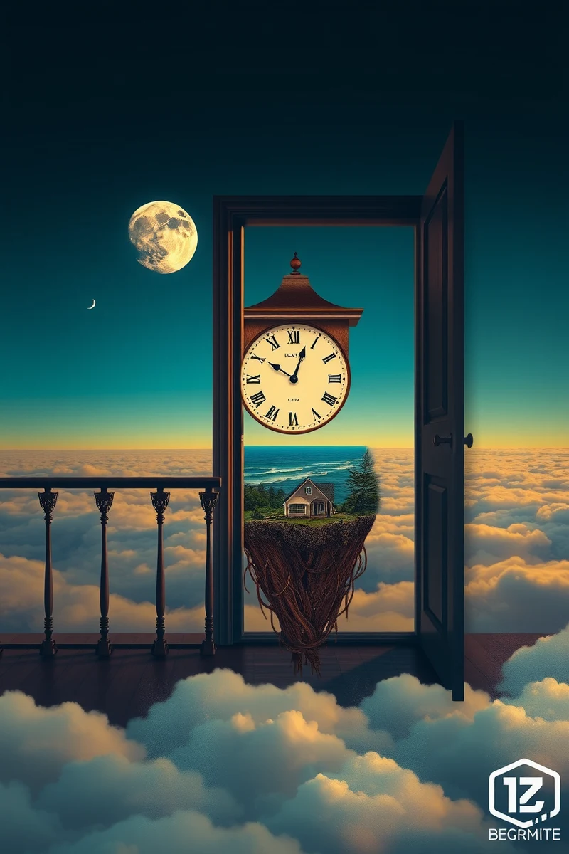 The dream did not have a plot, only a scene — A Clock With Roots On A Balcony Above The Moon