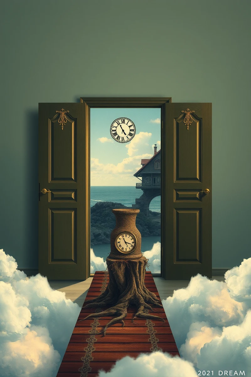 The dream did not have a plot, only a scene — A Clock With Roots On A Bridge Over Clouds