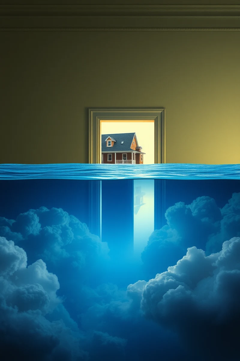 The dream did not have a plot, only a scene — A Door Floating Above Water At The Bottom Of A Bright Sea