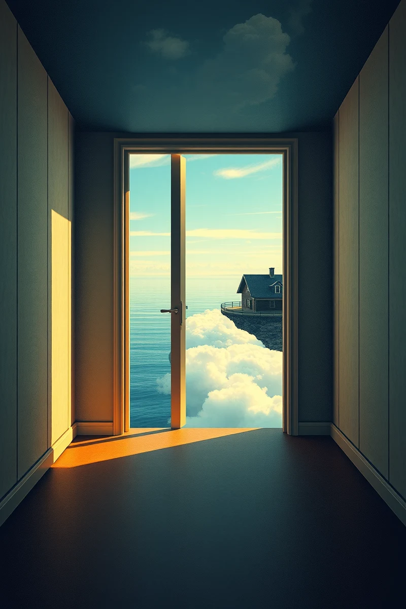 The dream did not have a plot, only a scene — A Door Floating Above Water In A City Folded Like Paper