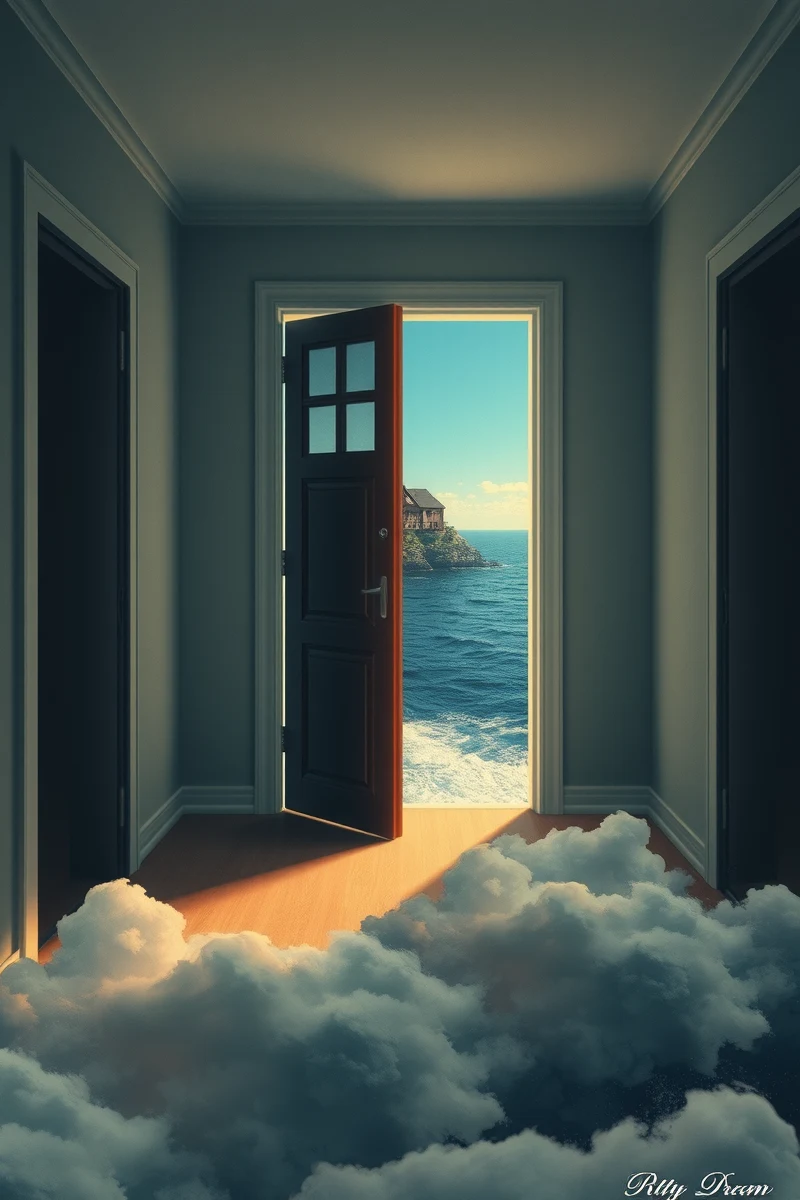 The dream did not have a plot, only a scene — A Door Floating Above Water In A Forest Of Doors