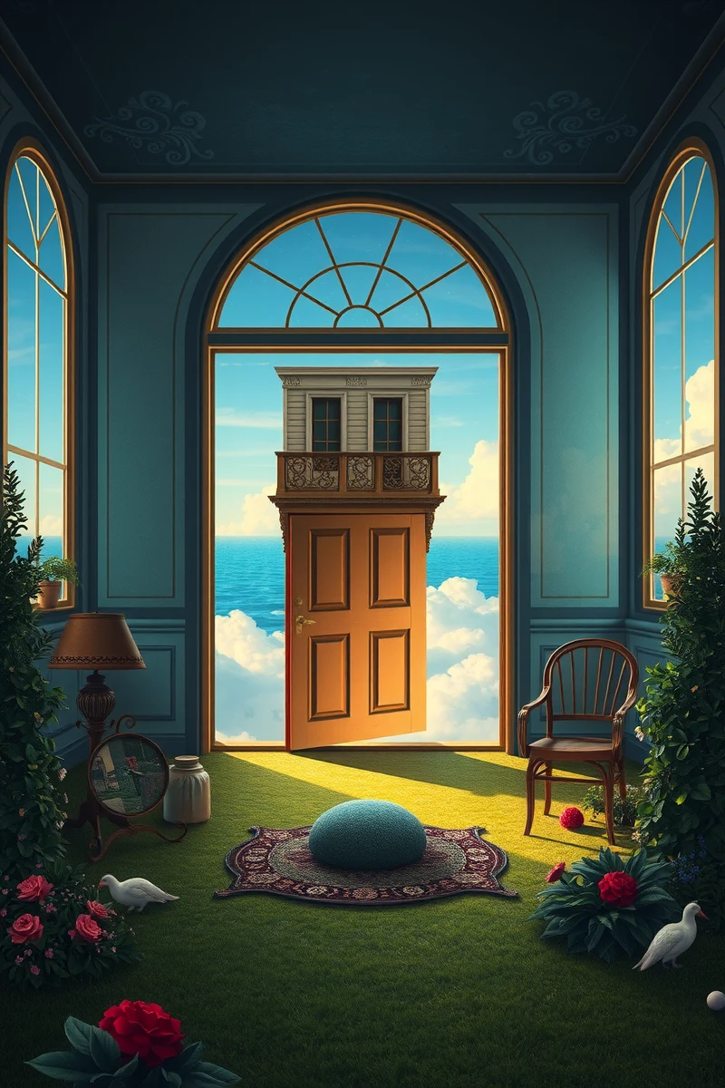 The dream did not have a plot, only a scene — A Door Floating Above Water In A Garden With No Ground