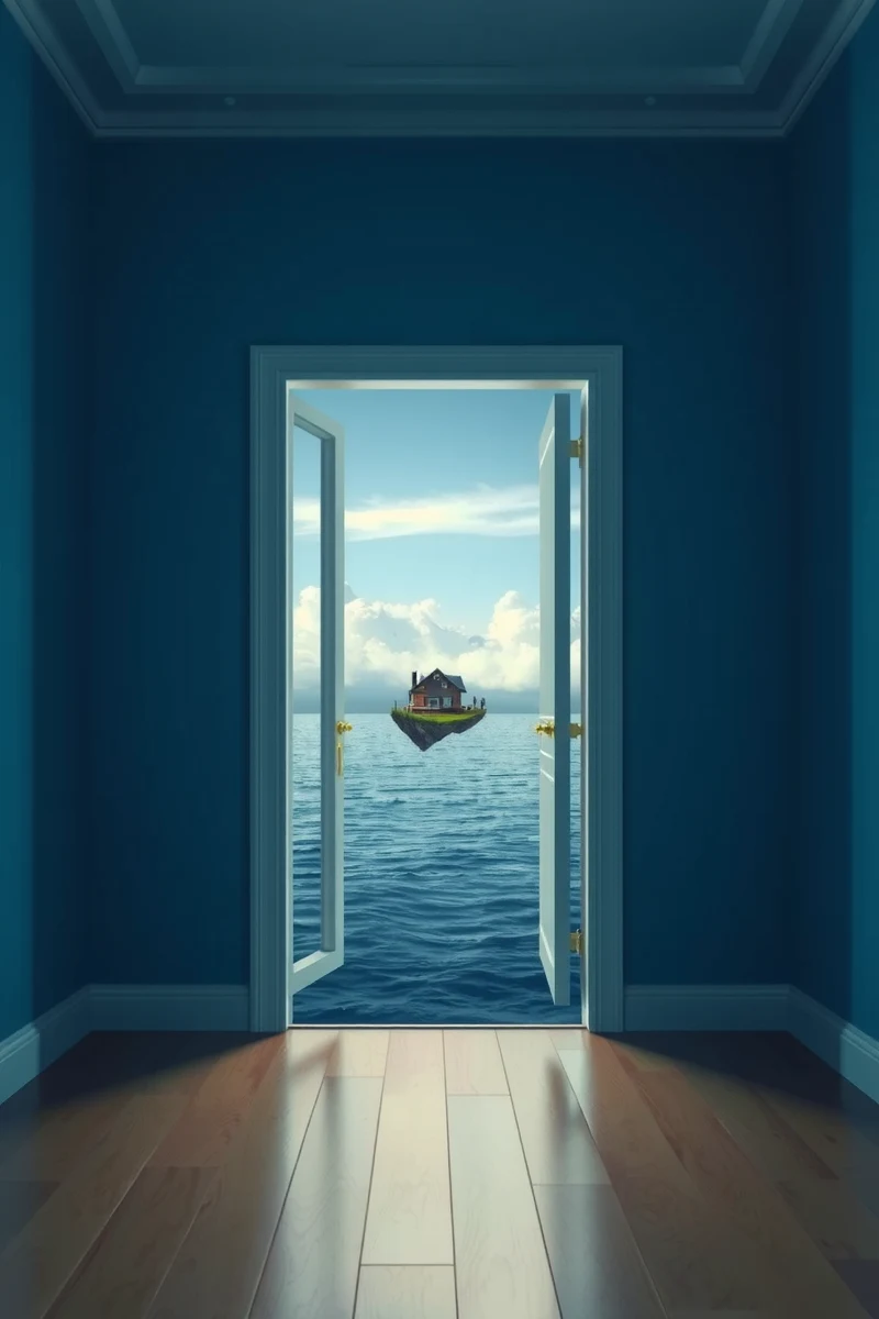 The dream did not have a plot, only a scene — A Door Floating Above Water Inside A Blue Room