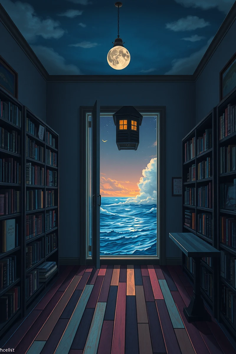 The dream did not have a plot, only a scene — A Door Floating Above Water Inside A Bookshop At Midnight