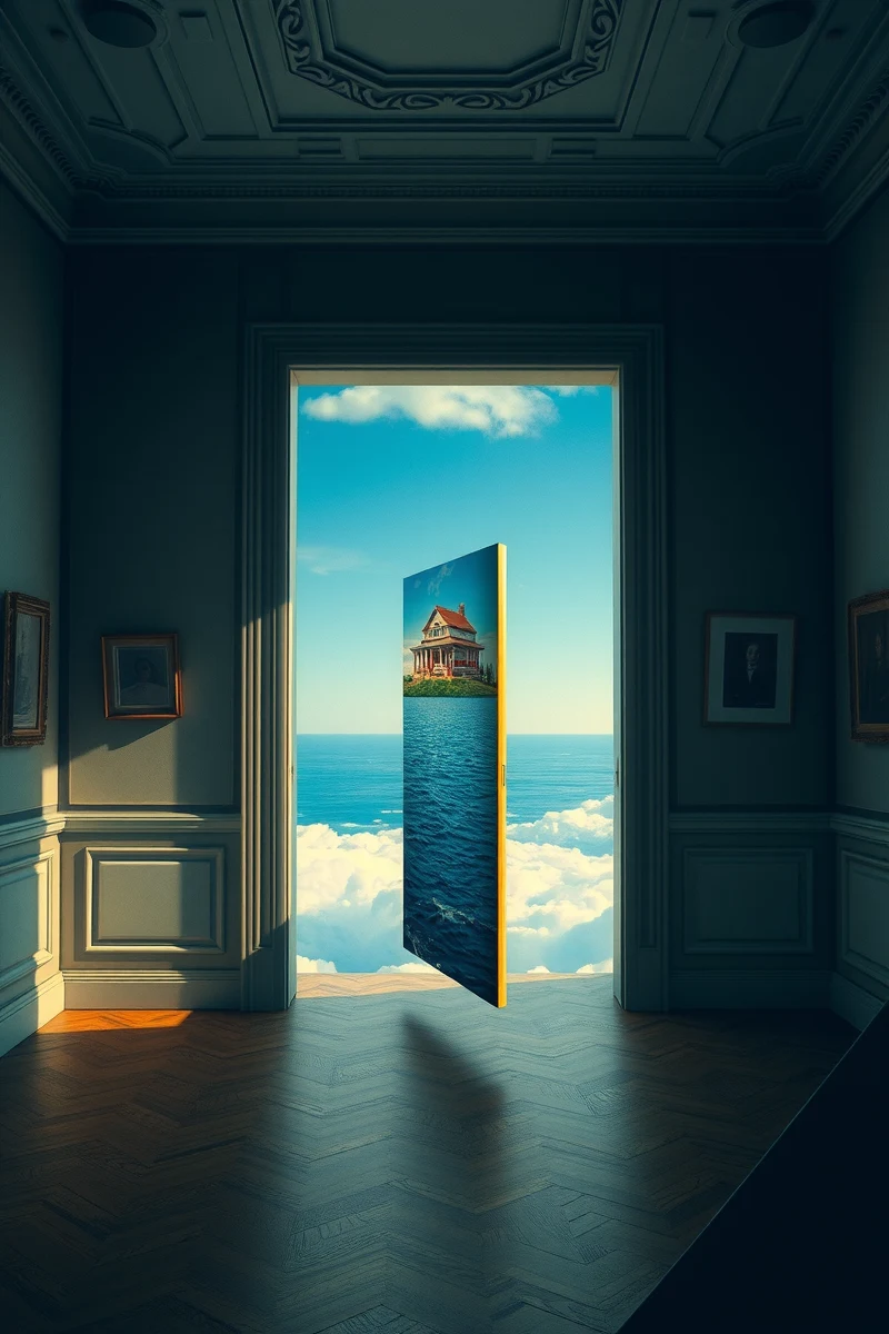 The dream did not have a plot, only a scene — A Door Floating Above Water Inside A Silent Museum