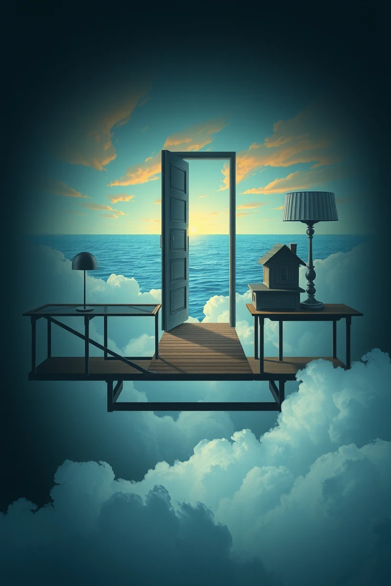 The dream did not have a plot, only a scene — A Door Floating Above Water On A Bridge Over Clouds