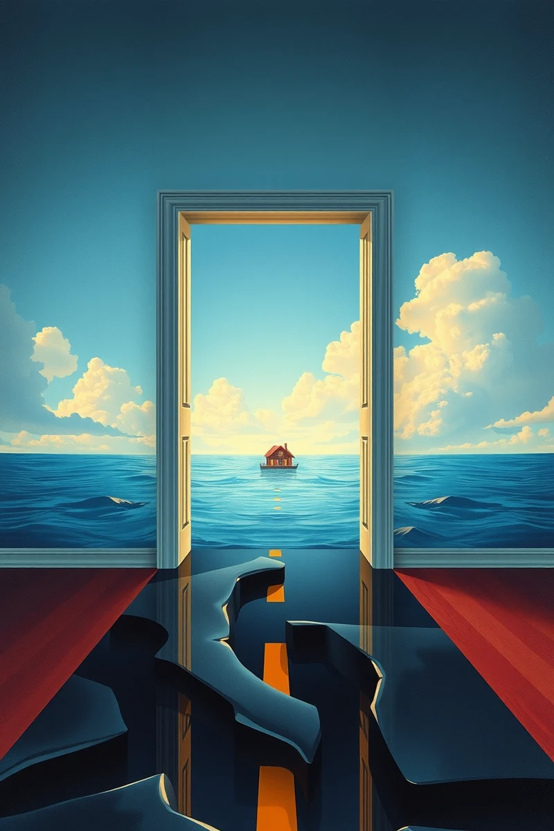 The dream did not have a plot, only a scene — A Door Floating Above Water On A Road Made Of Glass