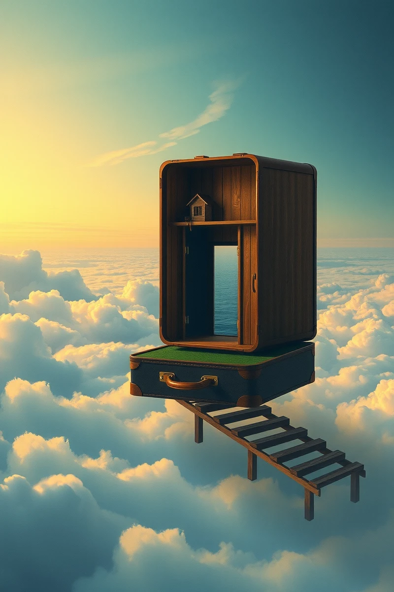 The dream did not have a plot, only a scene — A House Inside A Suitcase On A Bridge Over Clouds