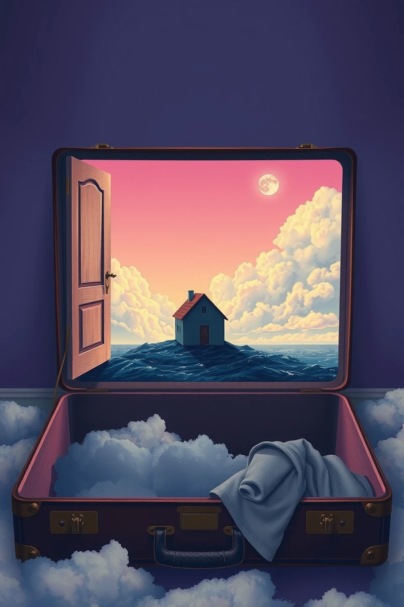 The dream did not have a plot, only a scene — A House Inside A Suitcase Under A Violet Sky