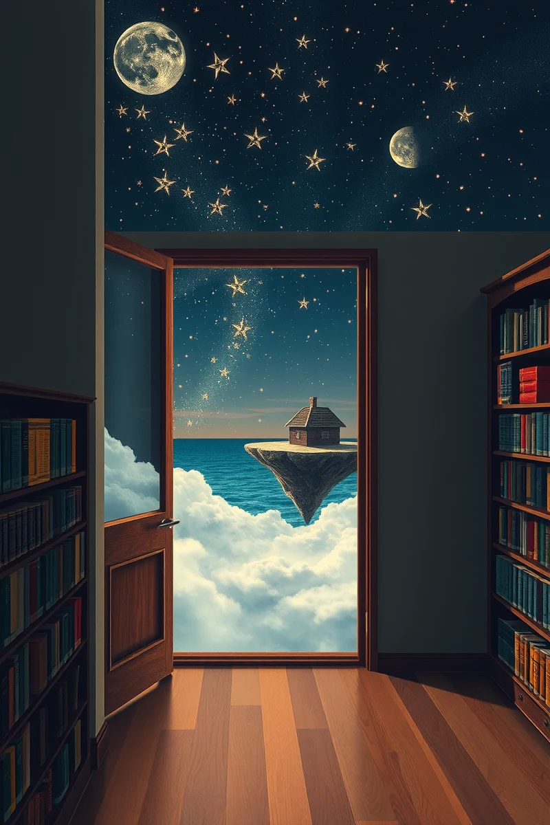 The dream did not have a plot, only a scene — A Room Filled With Stars Inside A Bookshop At Midnight