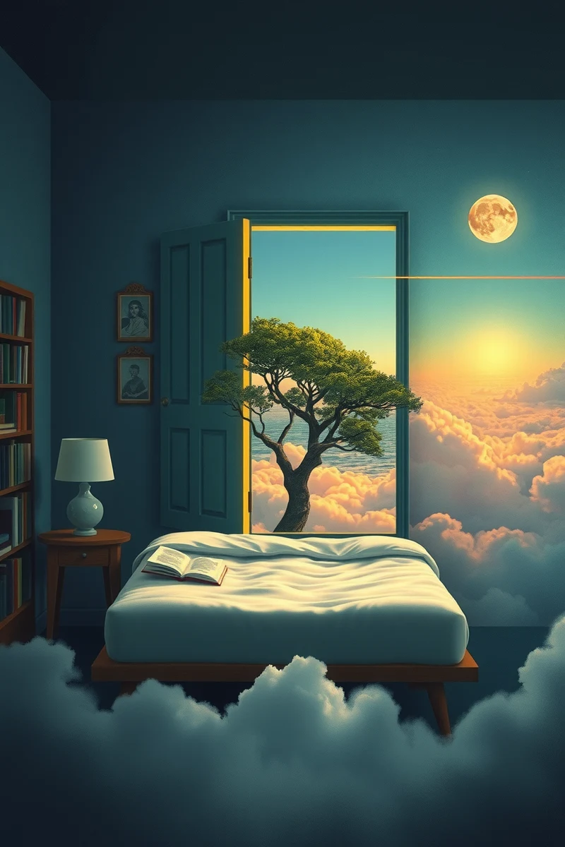 The dream did not have a plot, only a scene — A Tree Growing Through A Bed Inside A Bookshop At Midnight