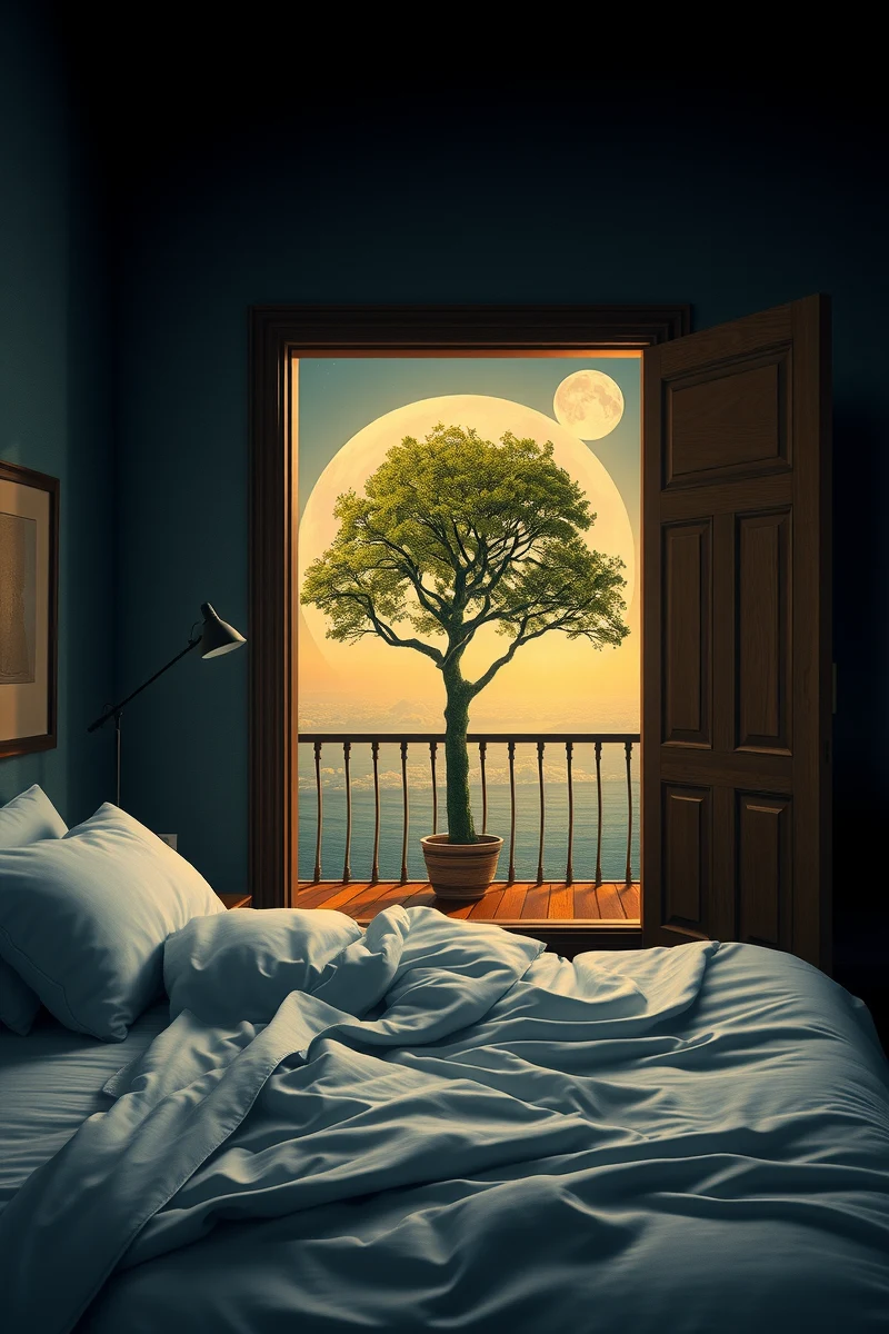 The dream did not have a plot, only a scene — A Tree Growing Through A Bed On A Balcony Above The Moon