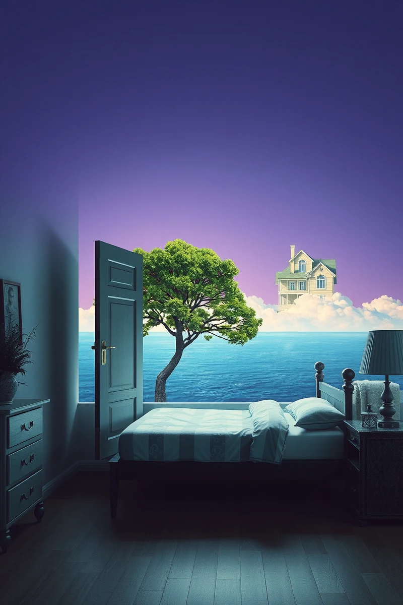 The dream did not have a plot, only a scene — A Tree Growing Through A Bed Under A Violet Sky