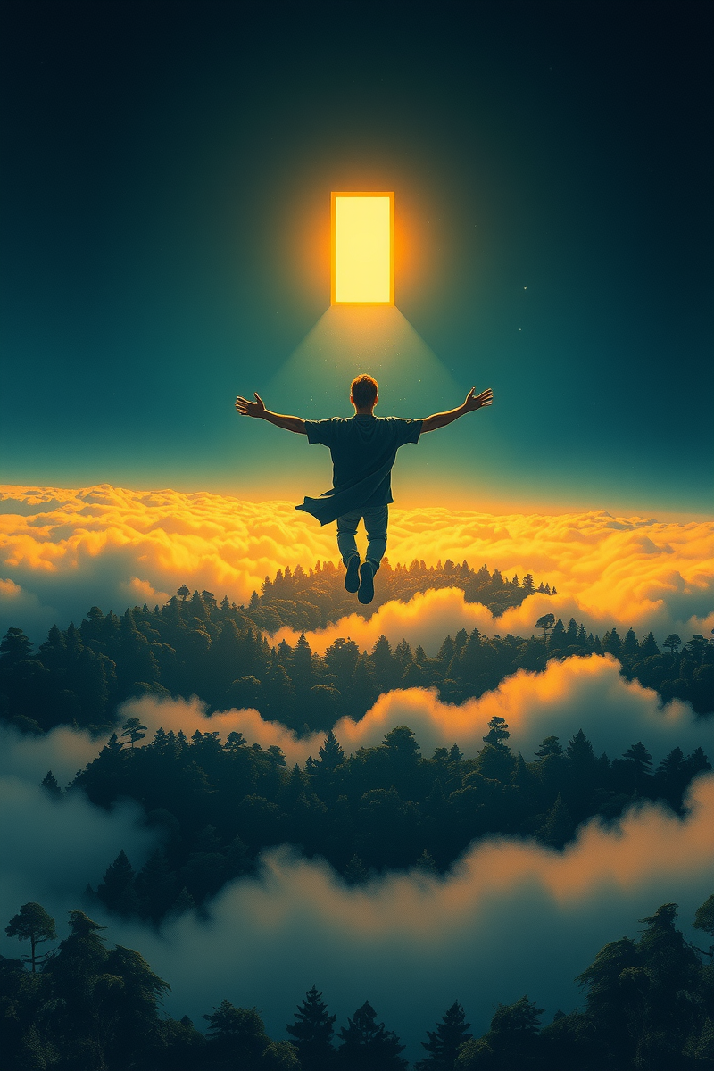 Flying Above a Forest Toward a Door in the Sky