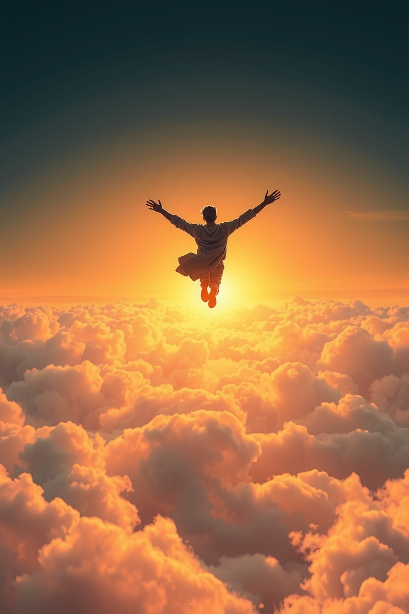 Flying Through Clouds Toward a Door in the Sky