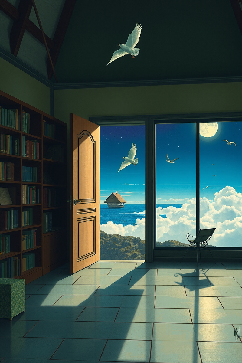 The dream did not have a plot, only a scene — A Bird Made Of Glass Inside A Bookshop At Midnight
