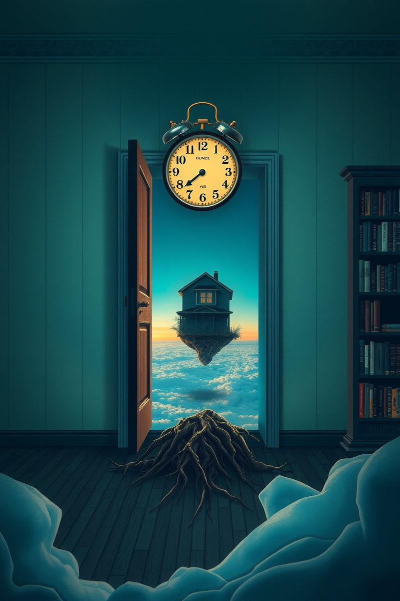 The dream did not have a plot, only a scene — A Clock With Roots Inside A Bookshop At Midnight