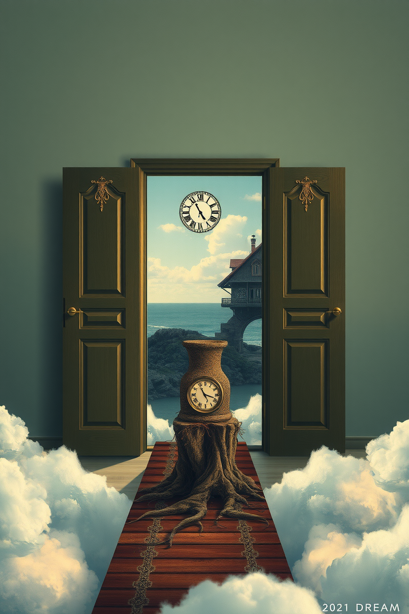 The dream did not have a plot, only a scene — A Clock With Roots On A Bridge Over Clouds