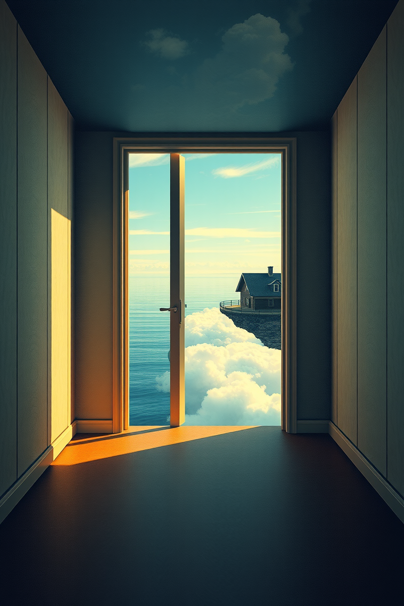 The dream did not have a plot, only a scene — A Door Floating Above Water In A City Folded Like Paper
