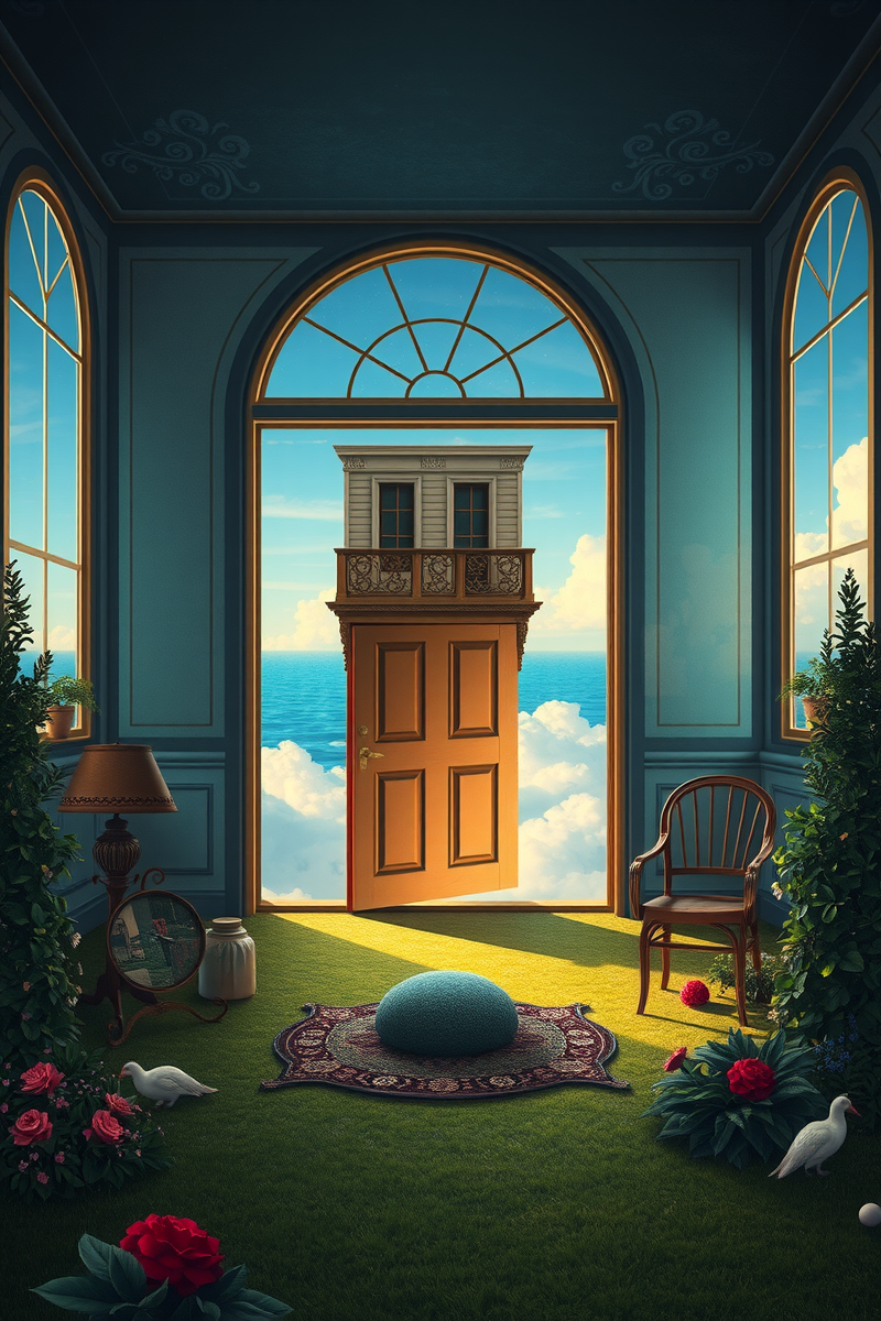 The dream did not have a plot, only a scene — A Door Floating Above Water In A Garden With No Ground