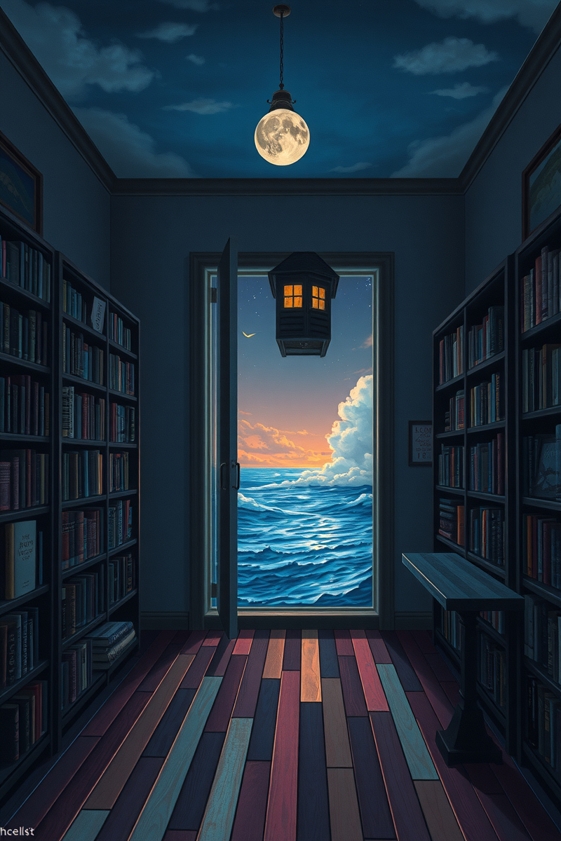 The dream did not have a plot, only a scene — A Door Floating Above Water Inside A Bookshop At Midnight