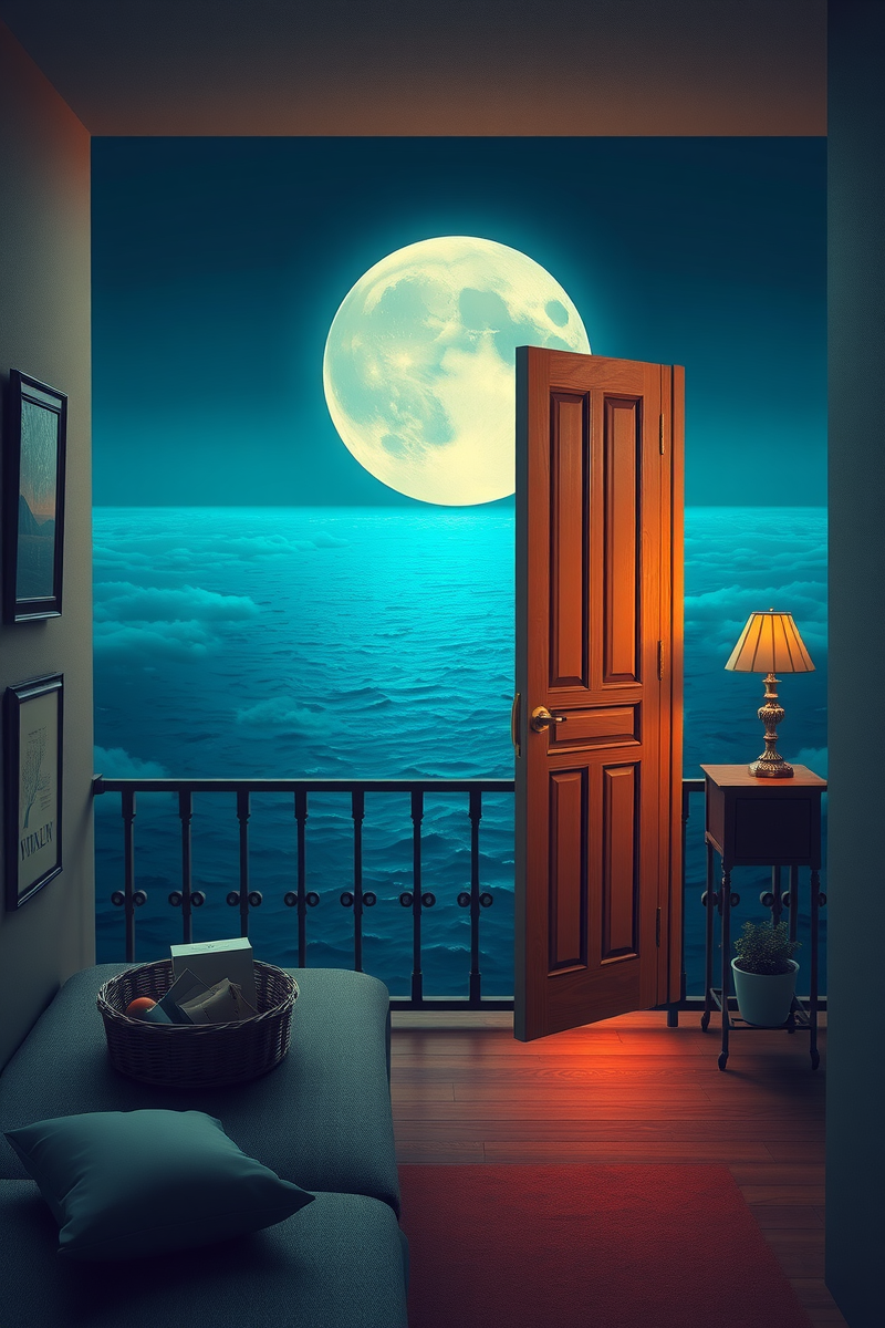 The dream did not have a plot, only a scene — A Door Floating Above Water On A Balcony Above The Moon