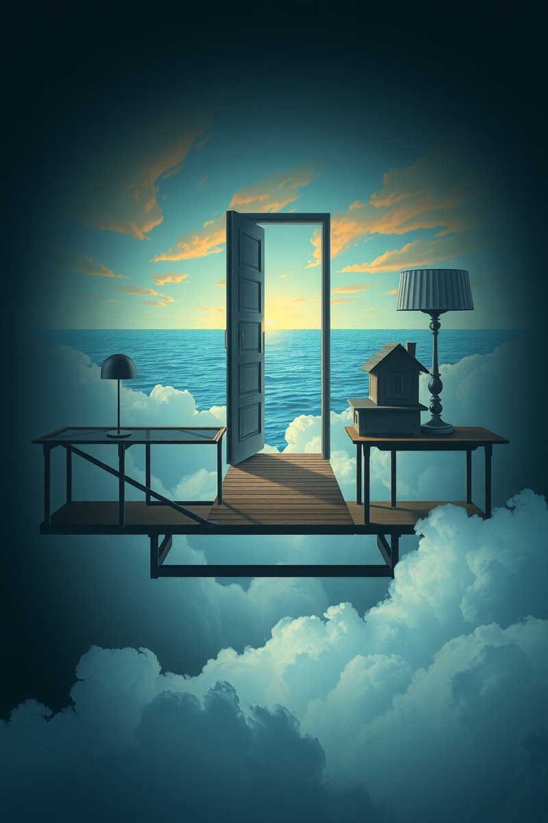 The dream did not have a plot, only a scene — A Door Floating Above Water On A Bridge Over Clouds