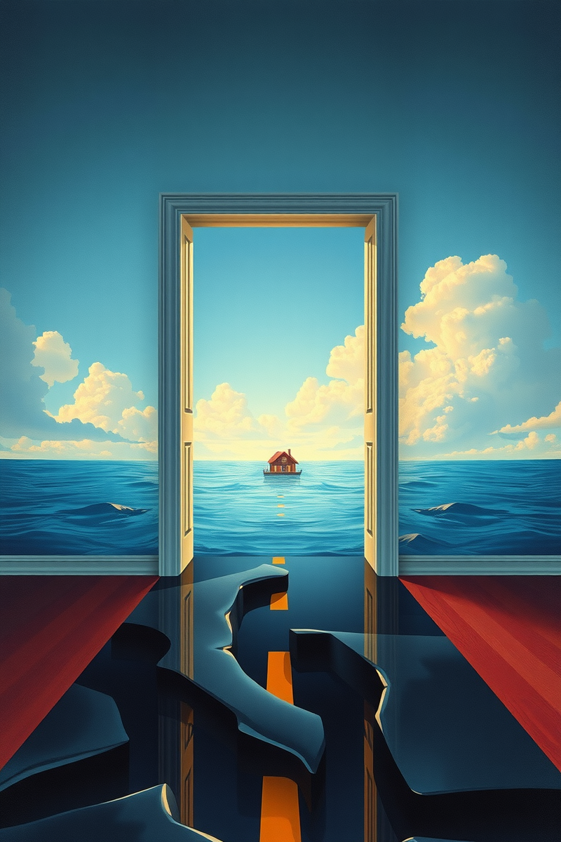 The dream did not have a plot, only a scene — A Door Floating Above Water On A Road Made Of Glass
