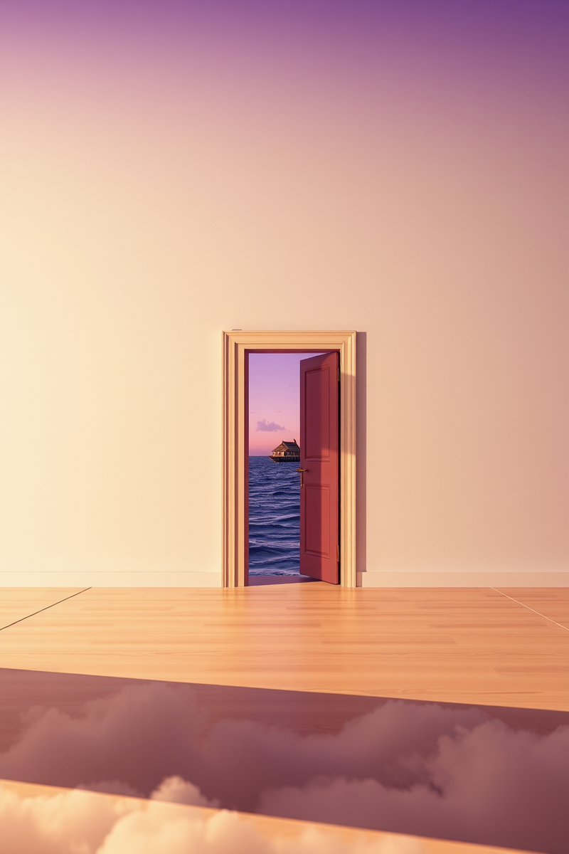 The dream did not have a plot, only a scene — A Door Floating Above Water Under A Violet Sky