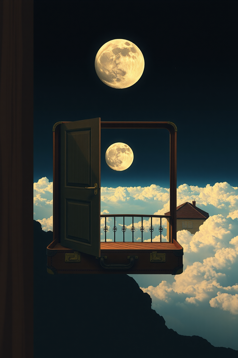 The dream did not have a plot, only a scene — A House Inside A Suitcase On A Balcony Above The Moon