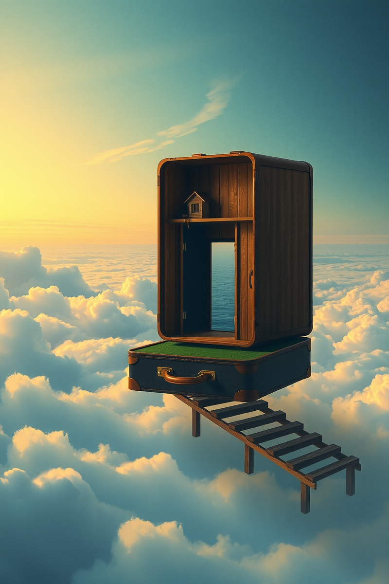 The dream did not have a plot, only a scene — A House Inside A Suitcase On A Bridge Over Clouds
