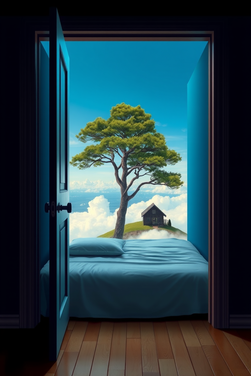 The dream did not have a plot, only a scene — A Tree Growing Through A Bed Inside A Blue Room