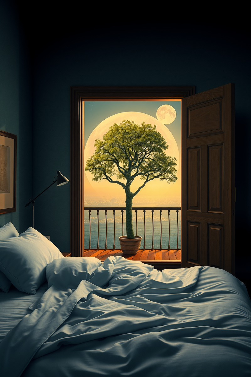 The dream did not have a plot, only a scene — A Tree Growing Through A Bed On A Balcony Above The Moon