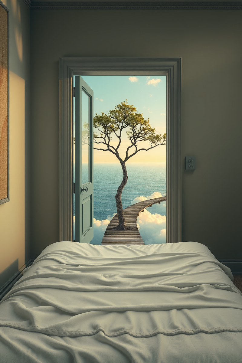 The dream did not have a plot, only a scene — A Tree Growing Through A Bed On A Bridge Over Clouds