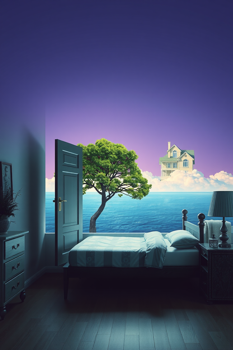 The dream did not have a plot, only a scene — A Tree Growing Through A Bed Under A Violet Sky