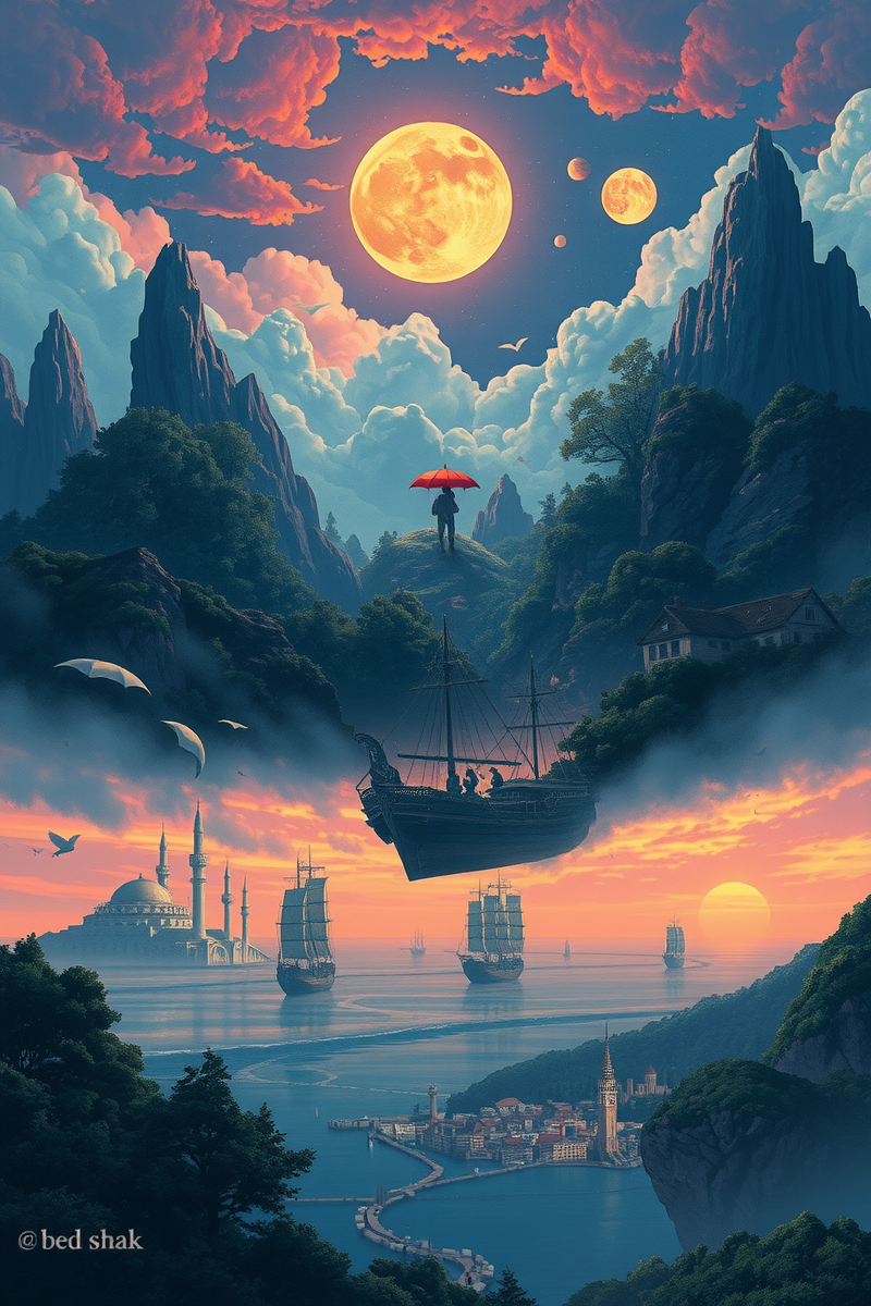 The dream lasted so long that it felt like a whole day had pas — A Red Umbrella A Ship At Dusk